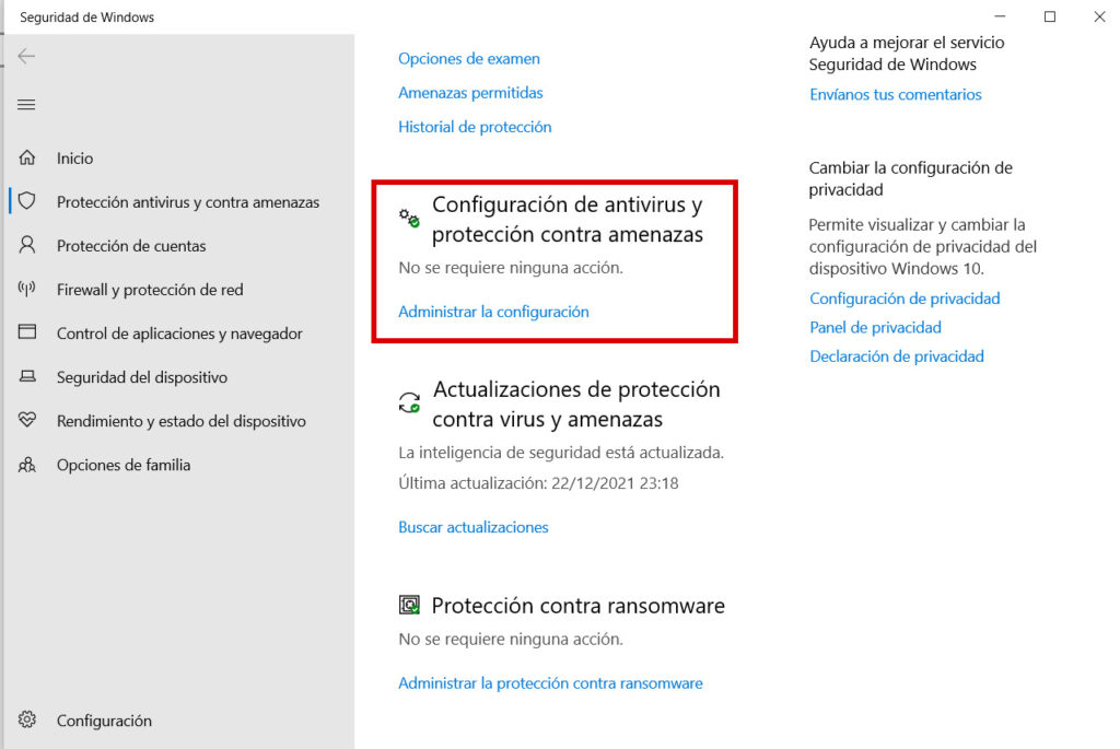 Configuración para antivirus Windows defender
