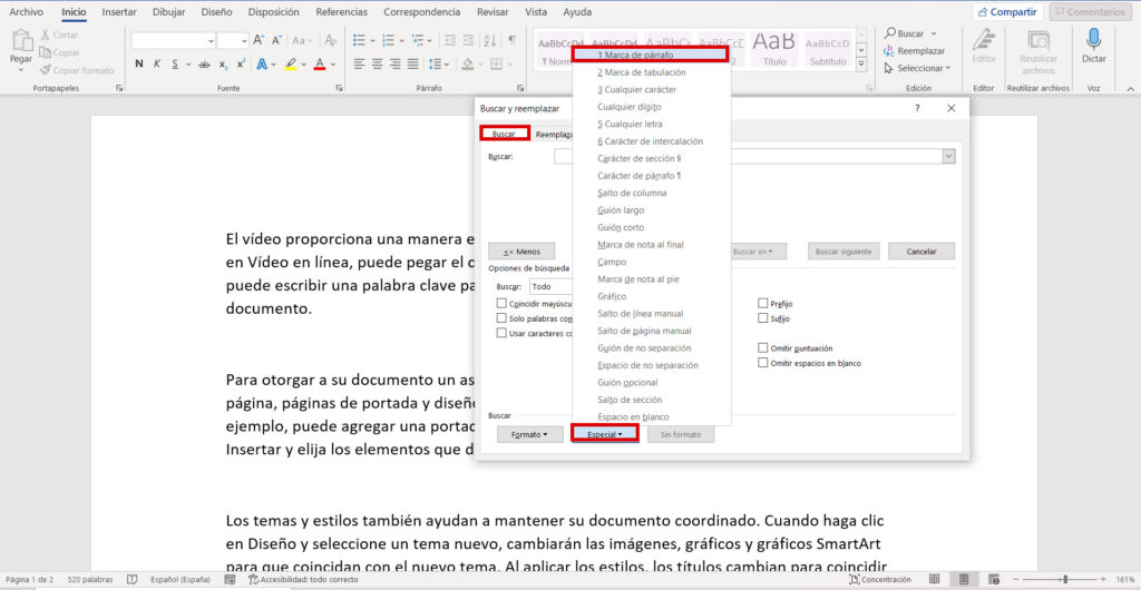 p&aacute;rrafos vac&iacute;os en Word