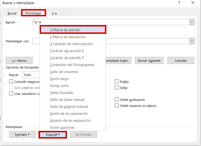 marca de p&aacute;rrafo vac&iacute;o en opci&oacute;n especial