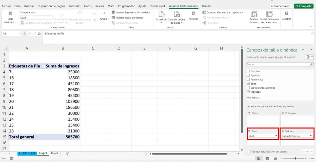 Agrupar números y edades por rangos en Tablas dinámicas