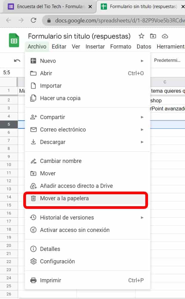 Marcamos la opción mover a la papelera para borrar la hoja de calculo desvinculada del formulario