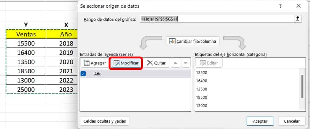 Opción para modificar los datos de los ejes que creamos en el gráfico