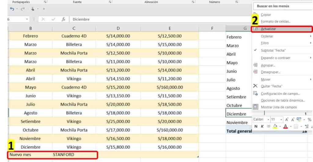 Mostramos como ejemplo como se puede actualizar la tabla dinámica en Excel