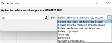 aplicar el formato de las celdas son menores que