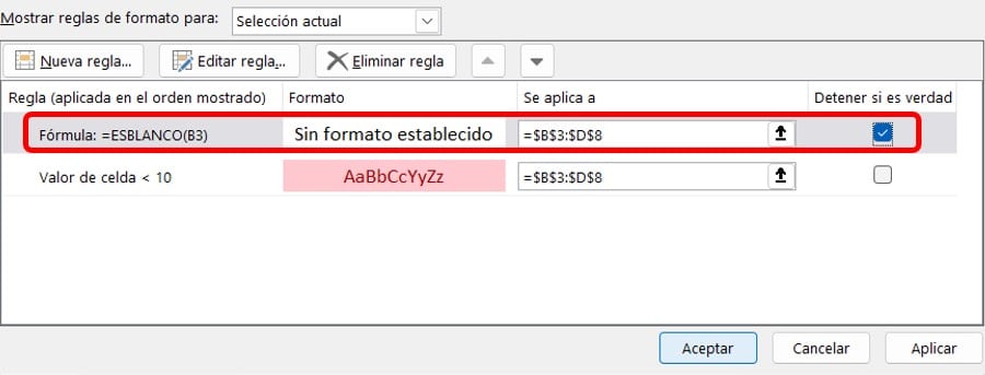 Señalamos la opción para detener la regla de la función aplicada