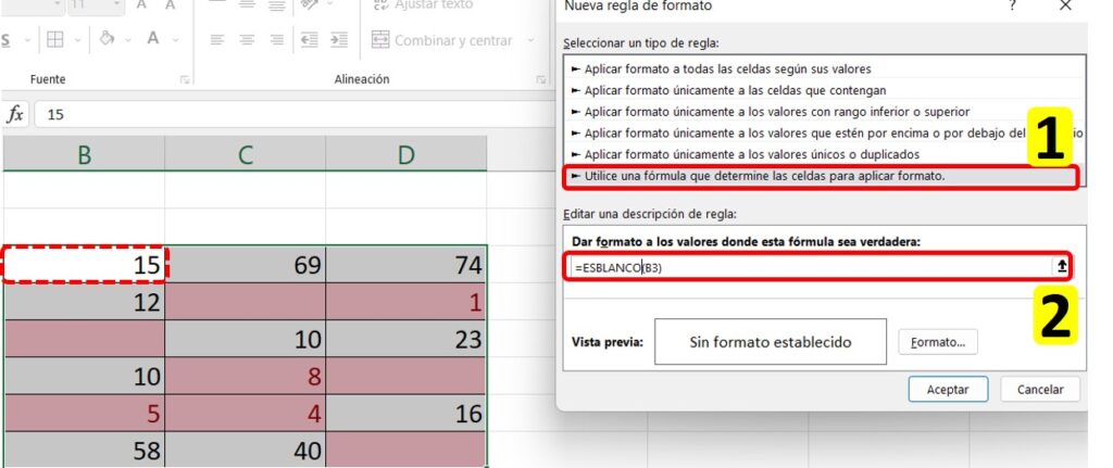 Forma de aplicar la nueva regla al formato para las celdas en blanco