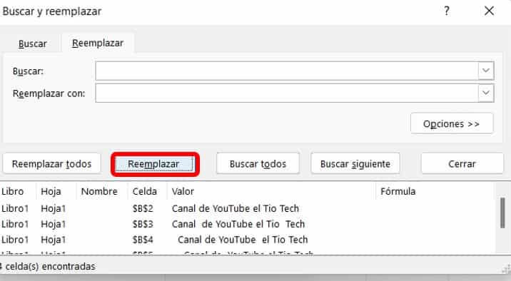 Ubicamos el boton de reemplzar luego de espaciar la busqueda y el reemplazo para Eliminar ESPACIOS entre palabras en Excel
