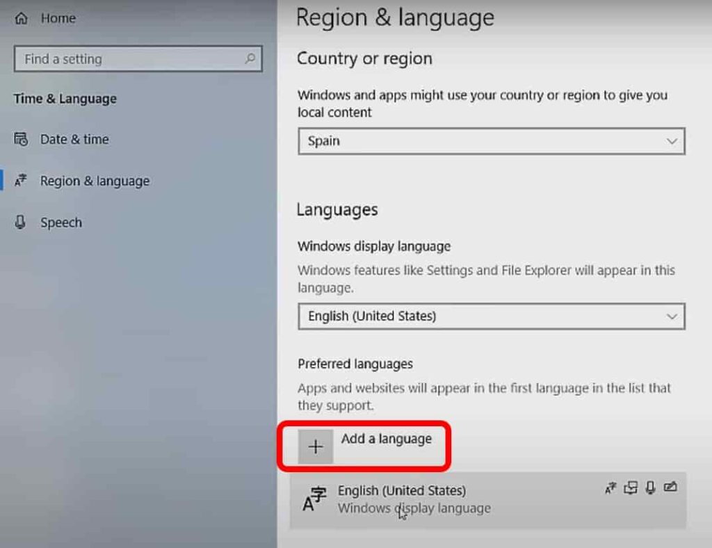 Ahora lo que haremos será instalar el nuevo idioma al que configuraremos el ordenador como en este caso a español, presionamos en el botón de más y buscamos nuestro idioma para cambiar el idioma en Windows 10