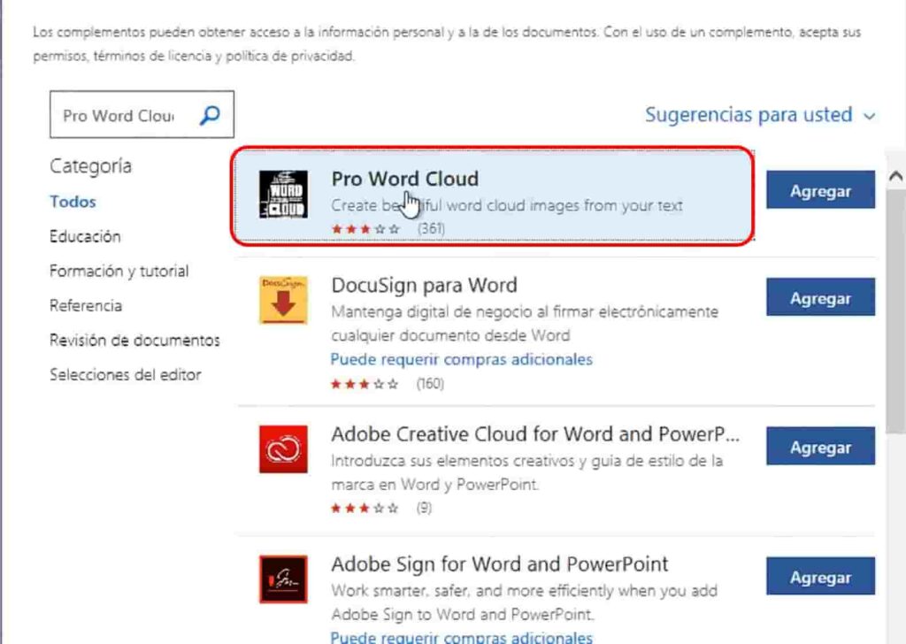 Y escribimos este complemento en la barra de búsqueda “Pro Word Cloud”