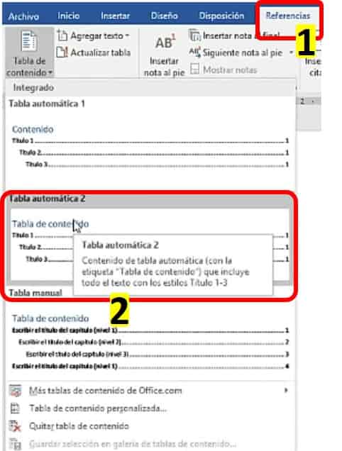 Para crear el índice automático vamos a la pestaña referencias>Tabla de contenido y elegimos el que más nos convenga