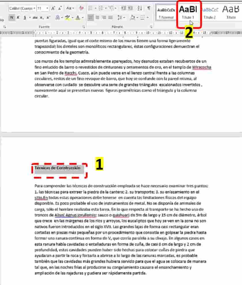 En cada uno de nuestros títulos principales seleccionaremos las palabras y en las herramientas el TÍTULO 1, así como en el ejemplo:
