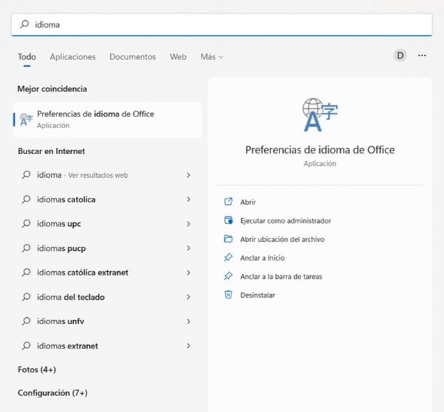 Presionando la tecla Windows y escribiendo Idioma nos aparecerá la ventana donde estará el idioma de nuestro teclado