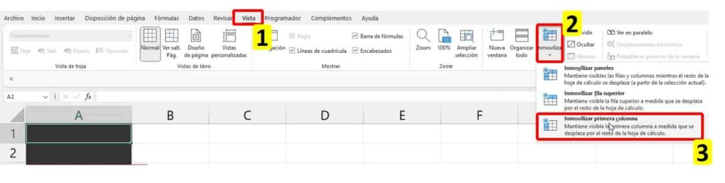 os dirigimos a la pestaña Vista>Inmovilizar>Inmovilizar primera columna que es un menú lateral interactivo con botones