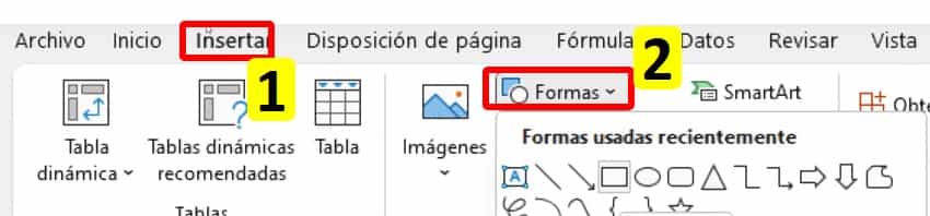 Nos dirigimos a la pestaña Insertar>Formas para añadir los botones correspondientes según las hojas que tengamos en el archivo Excel