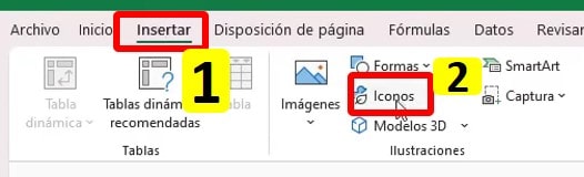 Insertaremos iconos a los títulos de los botones que tendrán una hoja asignada, para esto nos vamos a la pestaña Insertar>Iconos para hacer un menú interactivo en Excel