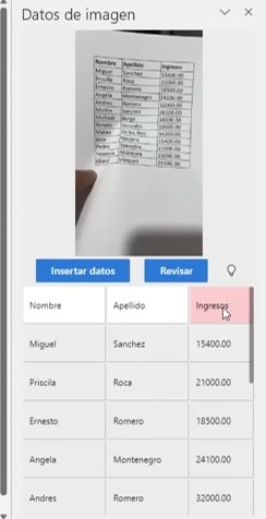 Al momento de cargar la imagen a Excel en la parte derecha se nos abrir&aacute; un recuadro donde nos muestra las partes de la tabla que tienen valores que no podr&iacute;an ser reales para el importe