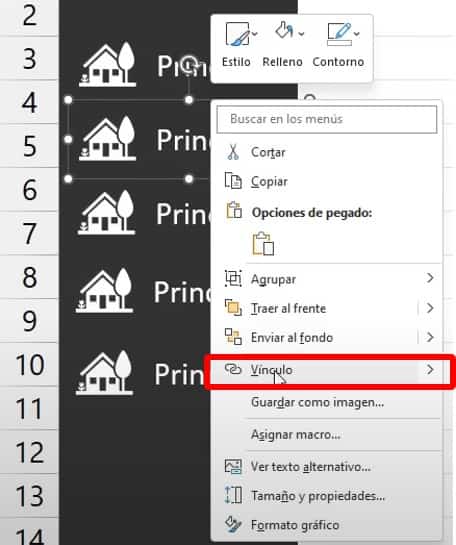 Una vez que tengamos los títulos e íconos listos procedemos a vincular, para esto damos clic derecho encima de un título y seleccionamos la opción Vinculo