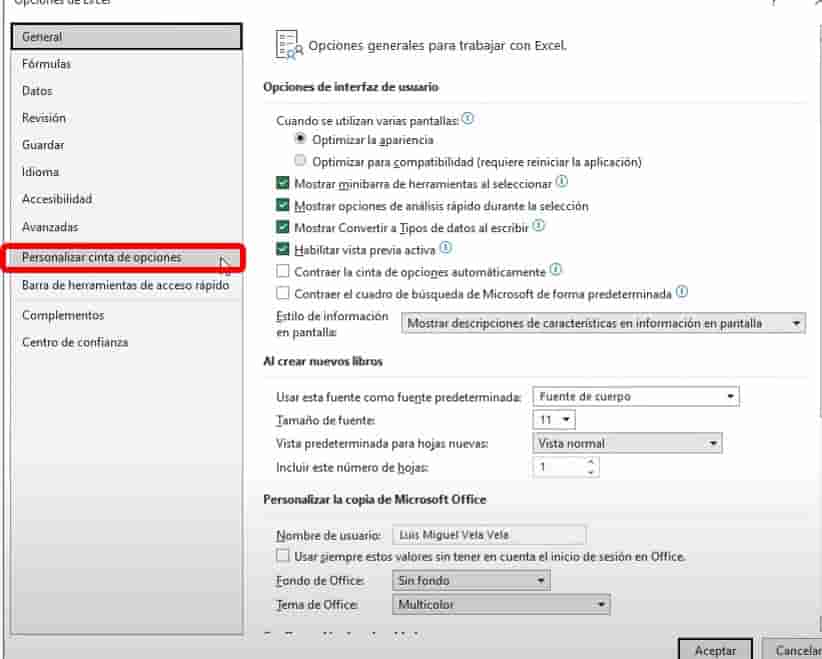personalizar cinta de opciones