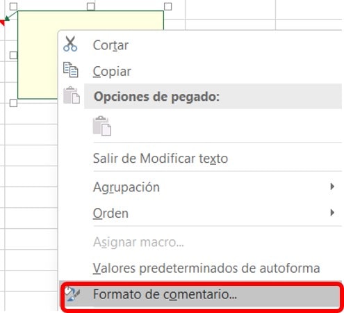 Formato de comentario Excel