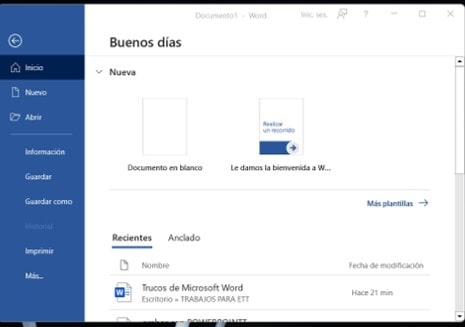 interfaz de Word