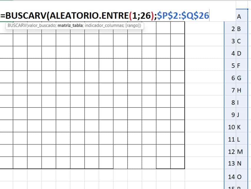 Realizar f&oacute;rmula para crear la sopa de letras