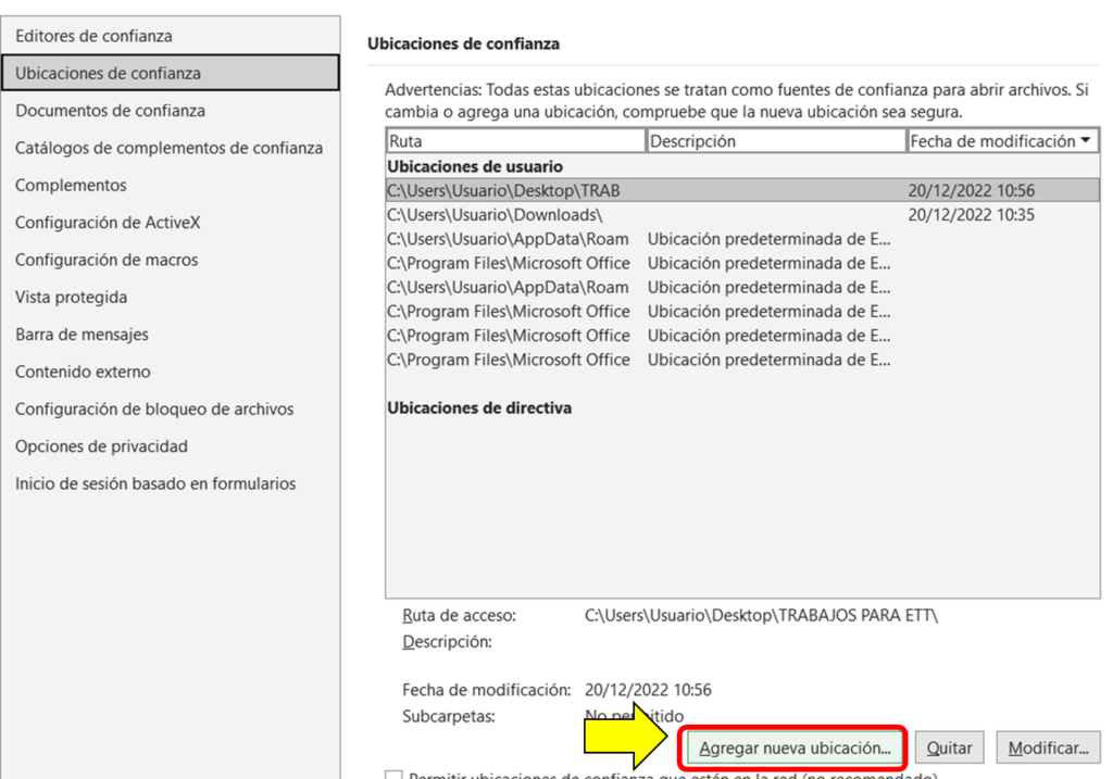 carpetas de confianza de macros Excel