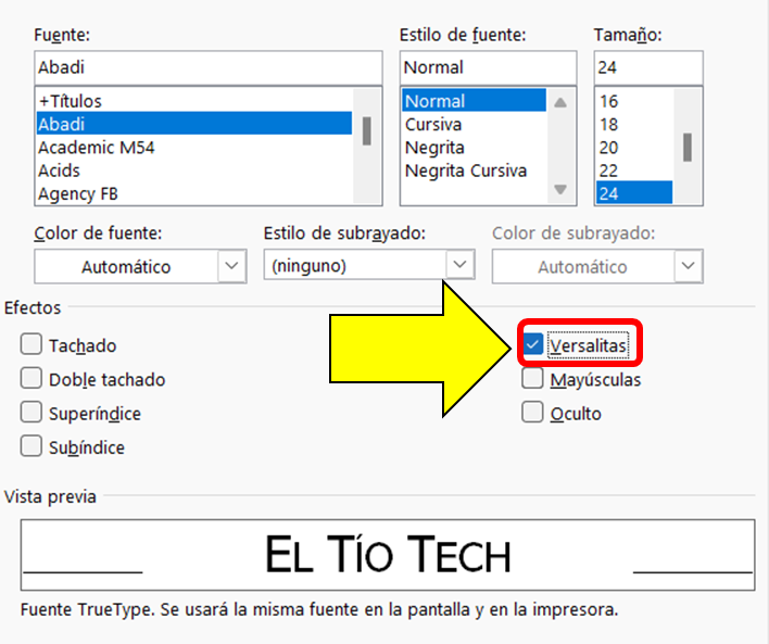Ventana de efecto versalitas en Word