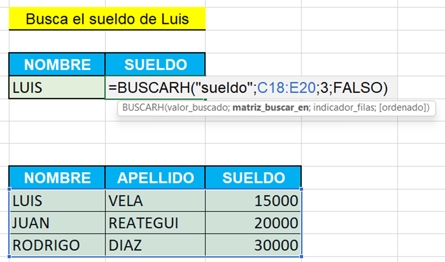fórmula de Buscar H en excel