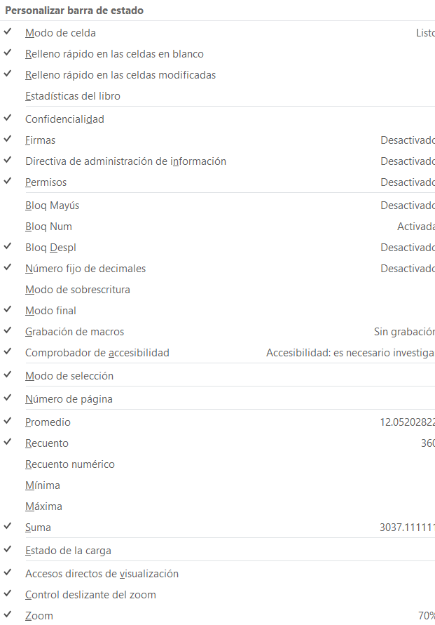 personalizar la barra de estado en Excel