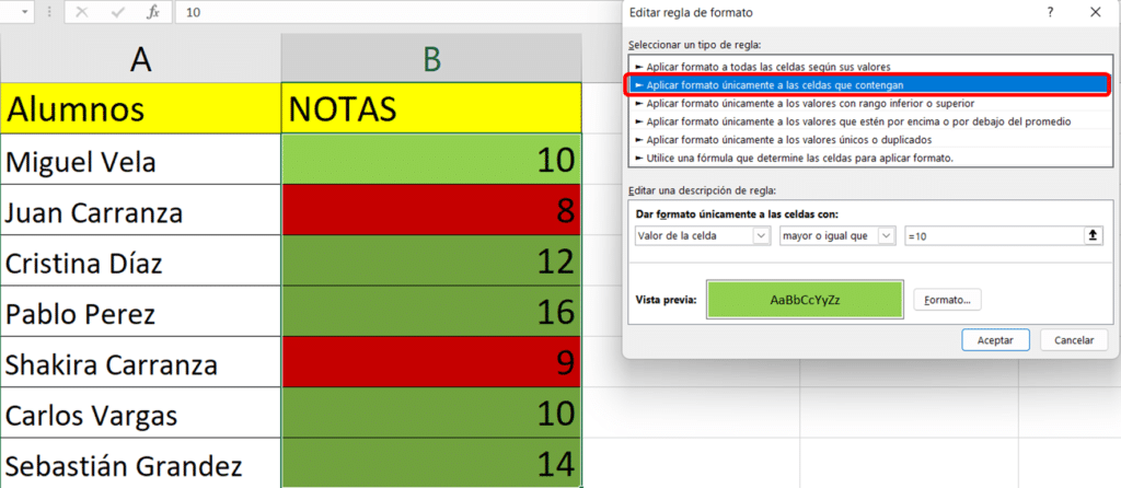 Aplicar el formato de color en Excel