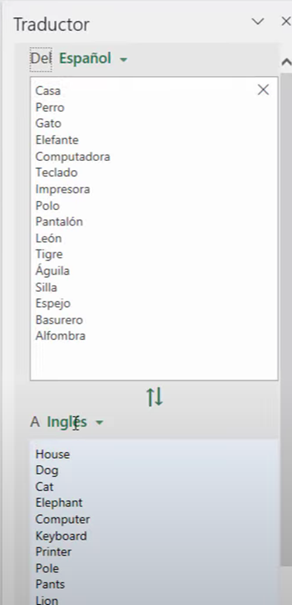 interfaz del traductor de Excel