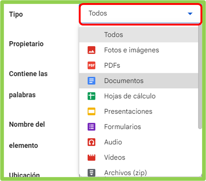 Buscar filtros de documentos Google Drive